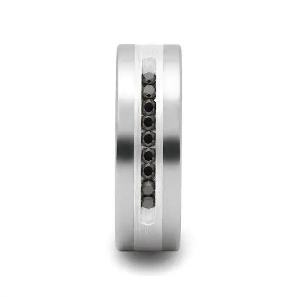 CALVIN Flat Tungsten Wedding Band with Black Diamonds in Silver Inlay by Triton Rings - 8mm - Larson Jewelers