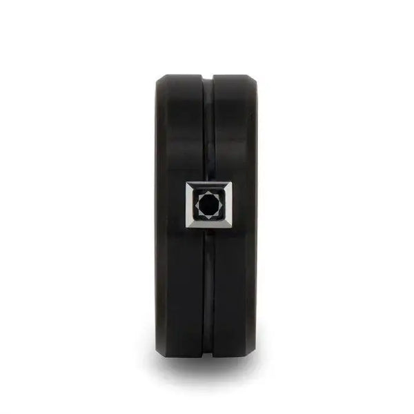 Front view of the ATLAS 9 mm black tungsten carbide ring showing the centered groove and square bezel with round black diamond