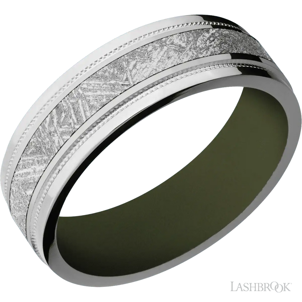 Titanium with Polish, Polish Finish and Meteorite Inlay and Vintage Green - 7MM - Larson Jewelers