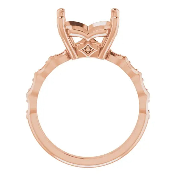 Rose gold engagement ring setting with asscher stone holder, decorative band, and accent stones.