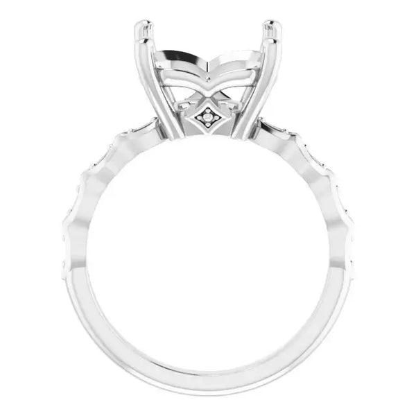 White gold engagement ring setting with French-set side stones and curved prongs for asscher-cut center stone.