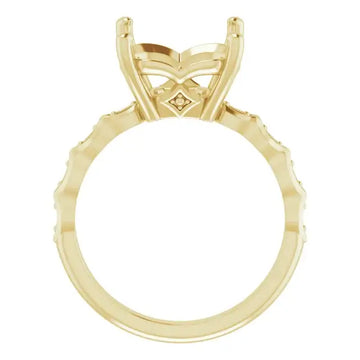 Gold engagement ring setting with French-set diamonds along the band and decorative four-prong head for asscher stone.
