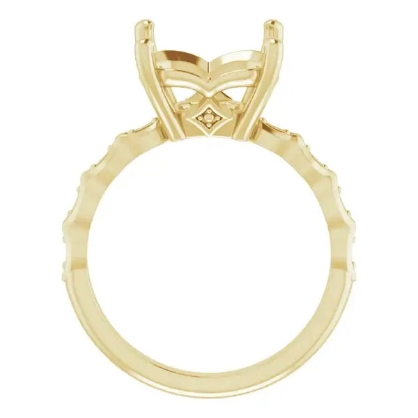 Gold engagement ring setting with decorative band and empty Asscher-cut stone holder.