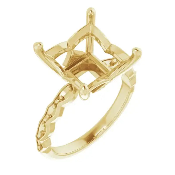 Yellow gold engagement ring setting with French-set diamond accent details and open square stone mount.