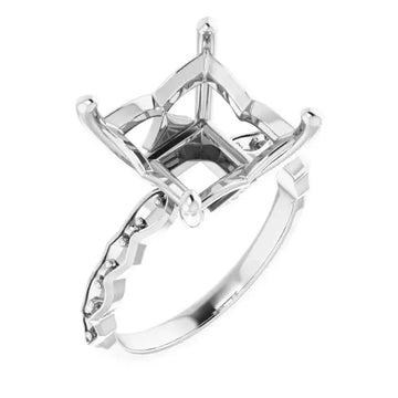 White gold engagement ring setting with square cushion-shaped center stone mount and accent stones along the band.