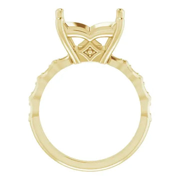Yellow gold engagement ring setting with French-set diamonds on band and cross-detailed square stone holder.