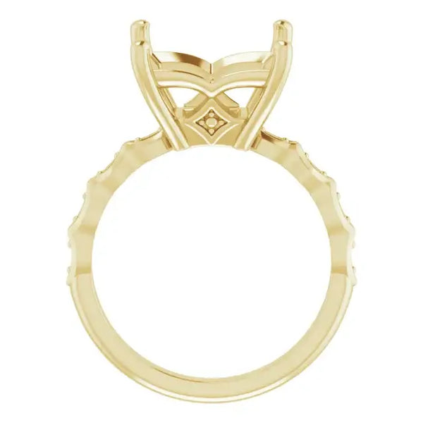 Yellow gold engagement ring setting with French-set diamonds on band and cross-detailed square stone holder.
