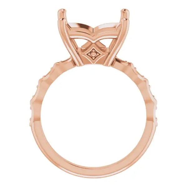 Rose gold engagement ring setting with square stone holder, crossover band design, and accent stones along the shank.
