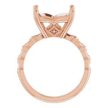 Rose gold engagement ring setting with crossover band and square stone holder, viewed from above.