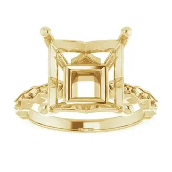 Gold engagement ring setting with square stone basket and open gallery design.