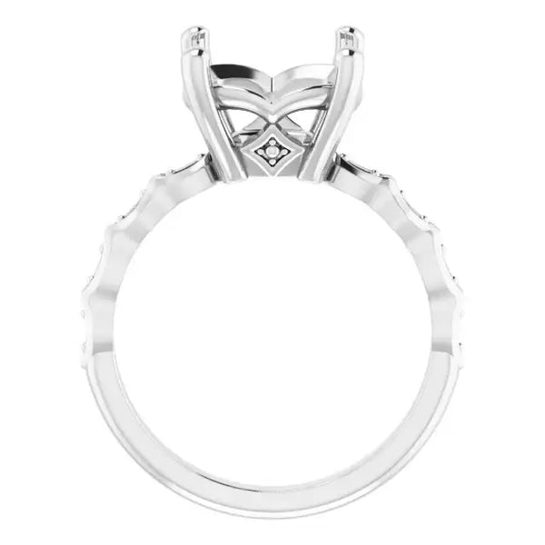 White metal engagement ring setting with french pave band and crossover prongs designed for cushion cut stones.