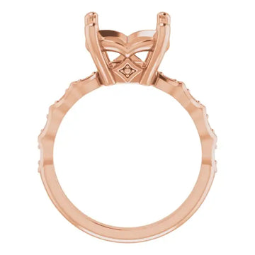 Rose gold engagement ring setting with cushion stone holder, decorative band, and small accent stones.
