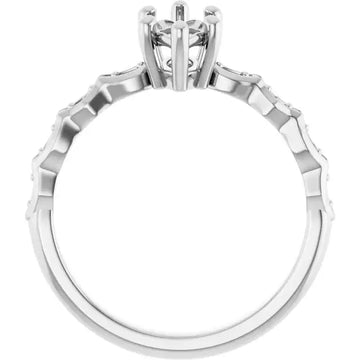 White metal engagement ring setting with French-set accents along the band and four-prong oval stone holder.