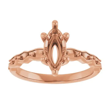 Rose gold engagement ring setting with oval-shaped center stone and French-set accent stones on band.