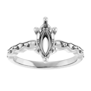 White metal engagement ring setting with oval center stone and French-set accent diamonds on curved band.