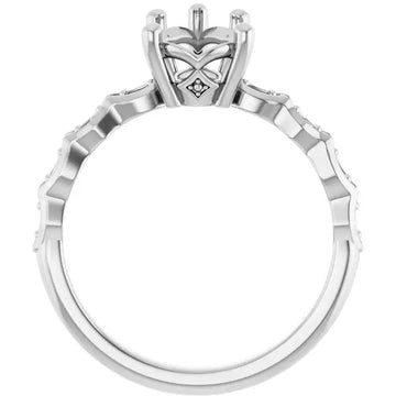 White metal engagement ring setting with infinity-style head and textured band, designed for pear-shaped stones.