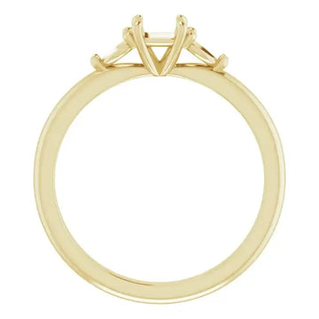 Yellow gold engagement ring setting with four-prong head designed for square stones.