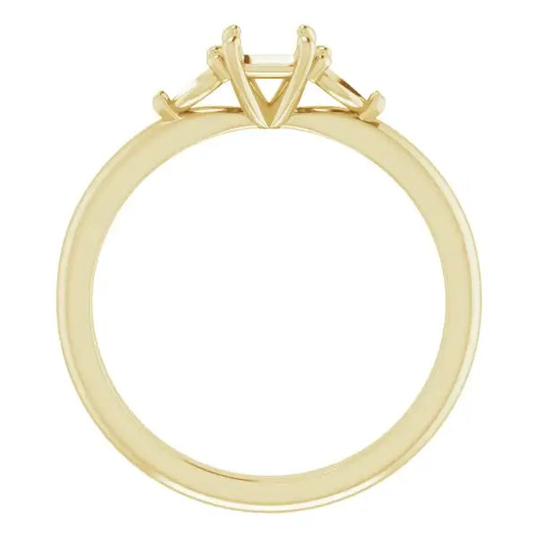 Yellow gold engagement ring setting with four-prong head designed for square stones.