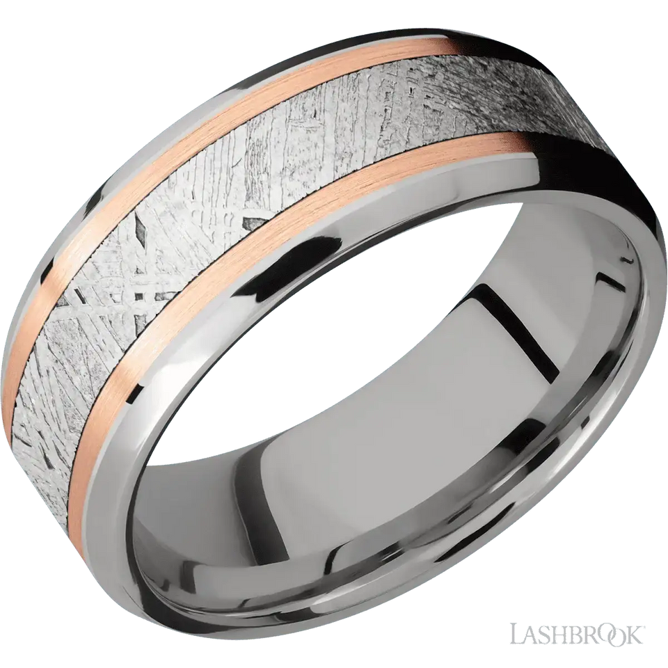 Titanium with Polish , Polish Finish and 14K Rose Gold Inlay - 8MM - Larson Jewelers