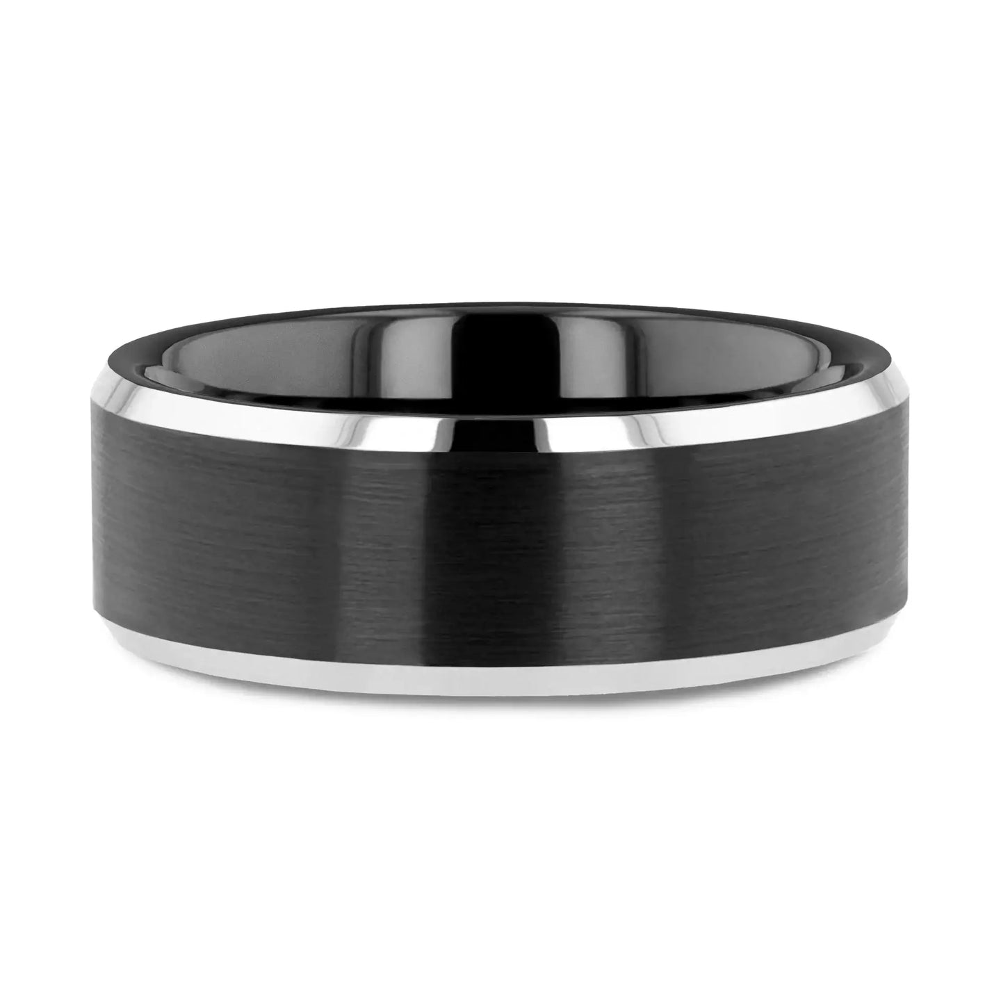 Black tungsten ring, 8mm width, brushed center with polished beveled edges shown flat on surface