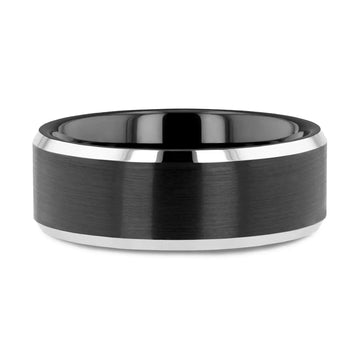 Black tungsten ring, 8mm width, brushed center with polished beveled edges shown flat on surface