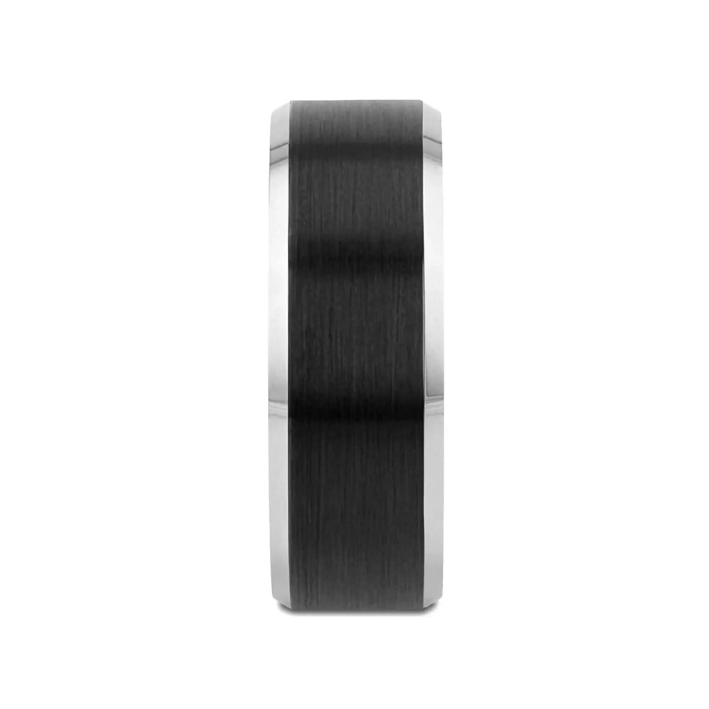 Black tungsten ring, 8mm width, brushed center with polished beveled edges shown front view