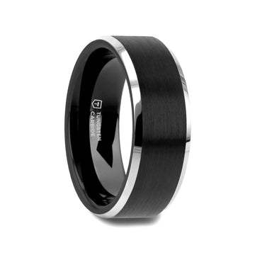 Black tungsten ring, 8mm width, brushed center with polished beveled edges shown from a side angle