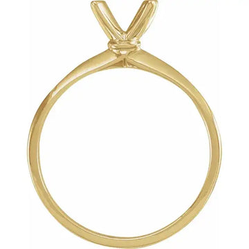 Gold engagement ring setting with V-shaped prongs for round stone, shown without center diamond.