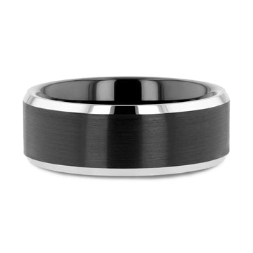 ARDEN Beveled Edged Tungsten Ring with Brushed Finish Black Ceramic Center - 6mm or 8mm - Larson Jewelers