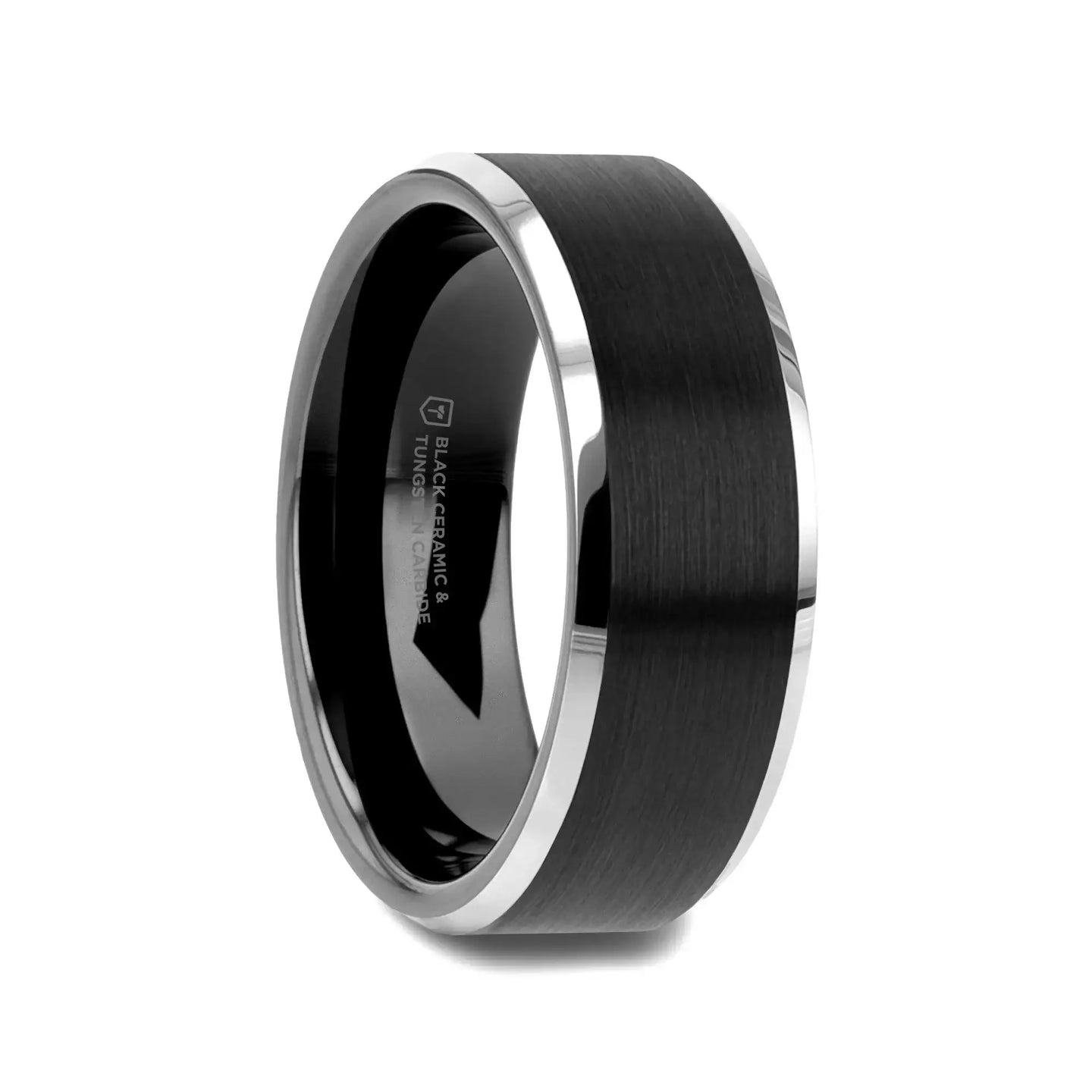 ARDEN Beveled Edged Tungsten Ring with Brushed Finish Black Ceramic Center - 6mm or 8mm - Larson Jewelers