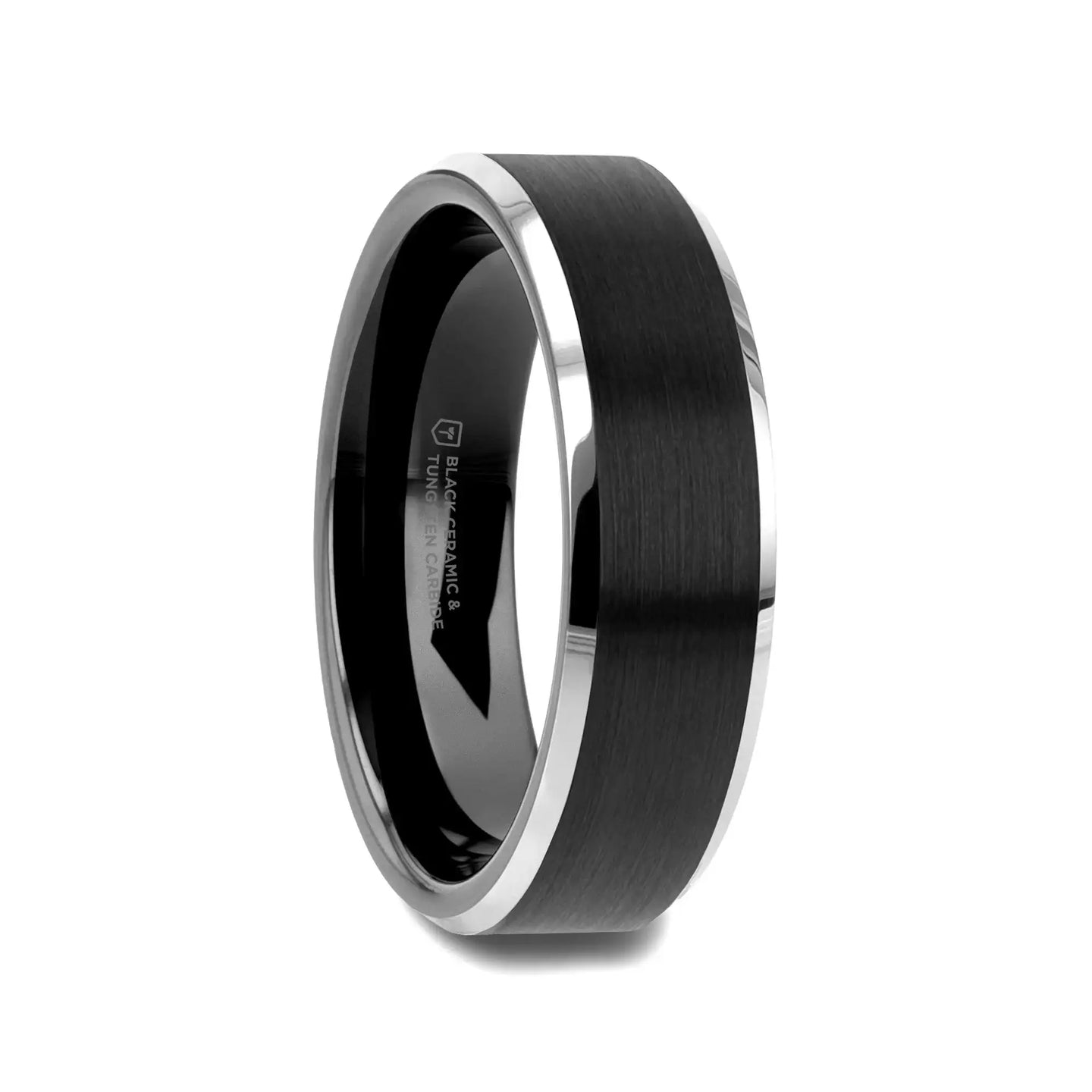 ARDEN Beveled Edged Tungsten Ring with Brushed Finish Black Ceramic Center - 6mm or 8mm - Larson Jewelers