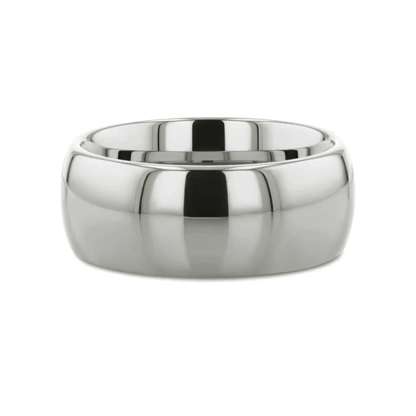 Side view of the polished white tungsten domed band lying flat