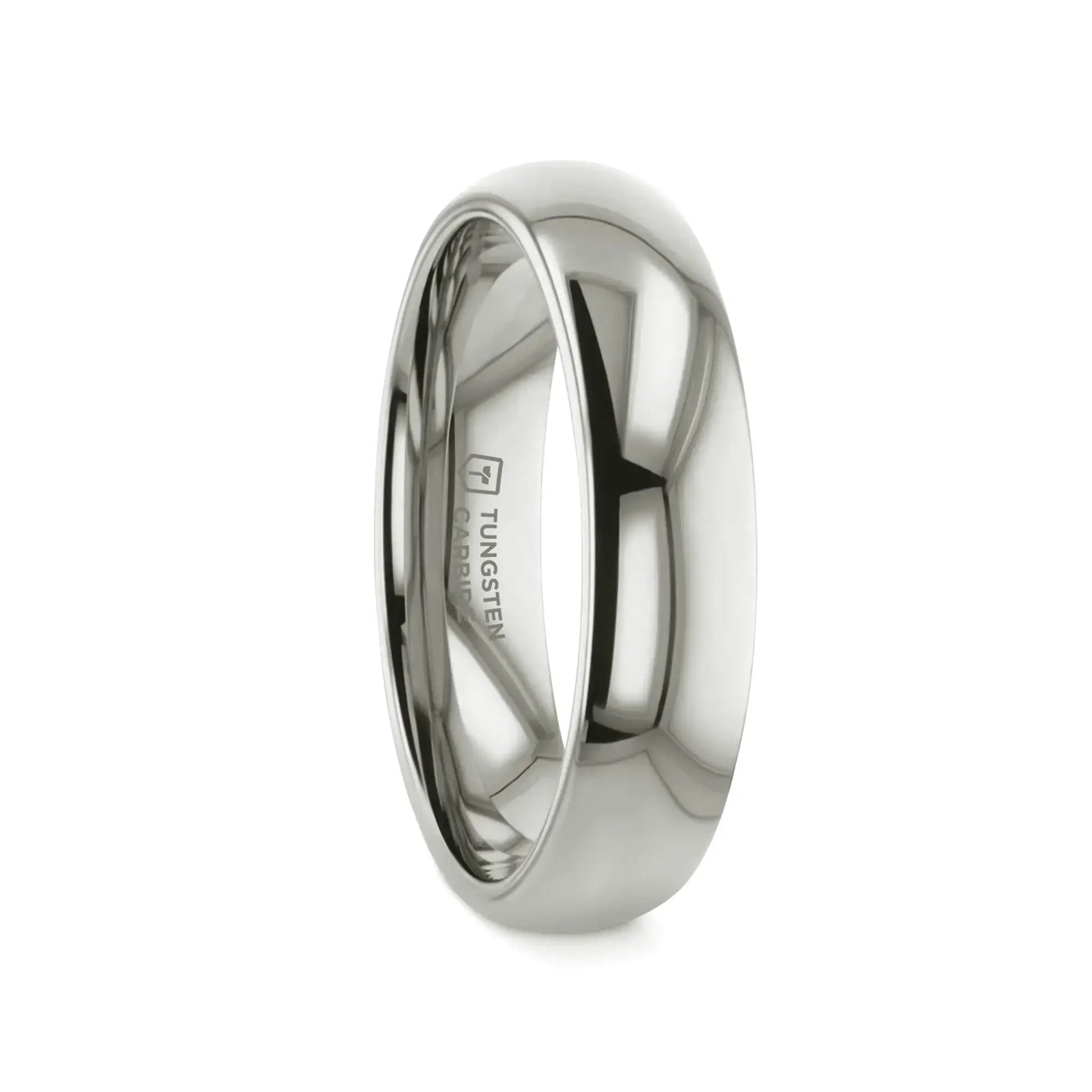 Three-quarter view of the medium-width polished white tungsten domed ring