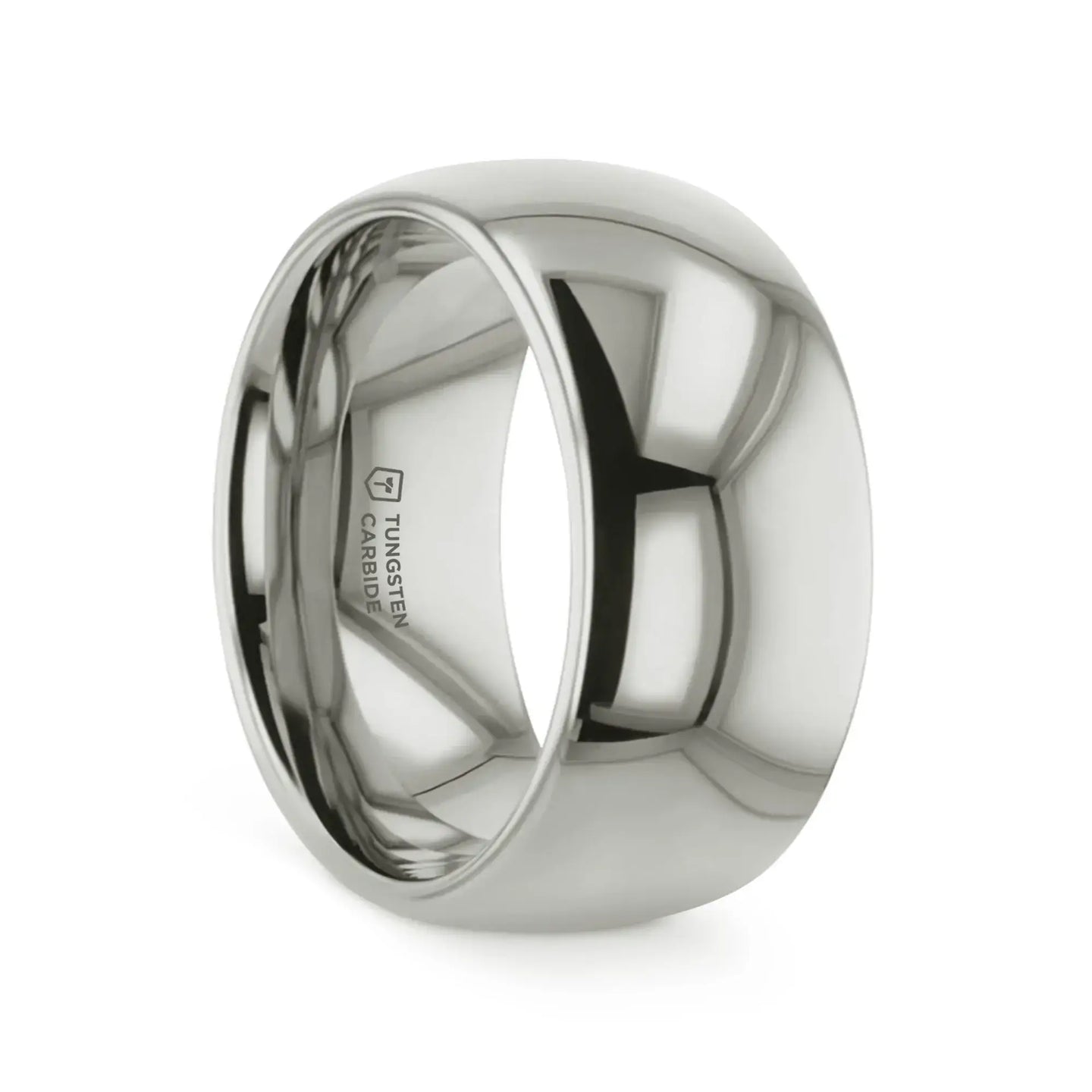 Lifestyle image of a person wearing the polished white tungsten domed ring on the right hand
