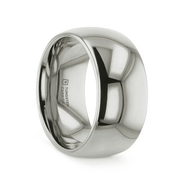 Lifestyle image of a person wearing the polished white tungsten domed ring on the right hand