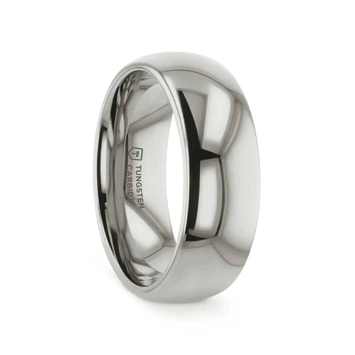 Lifestyle image of a person wearing the polished white tungsten domed ring on the left hand