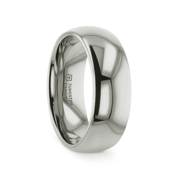 Lifestyle image of a person wearing the polished white tungsten domed ring on the left hand