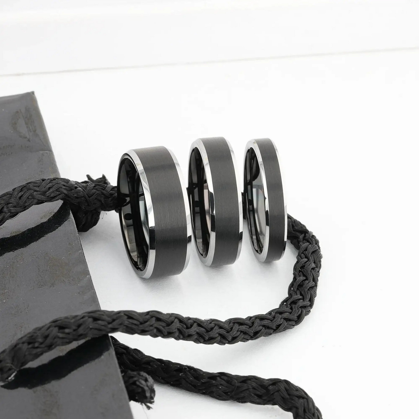 Diagram image indicating ring features for black brushed-center tungsten ring with beveled edges