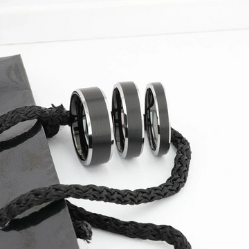 Diagram image indicating ring features for black brushed-center tungsten ring with beveled edges