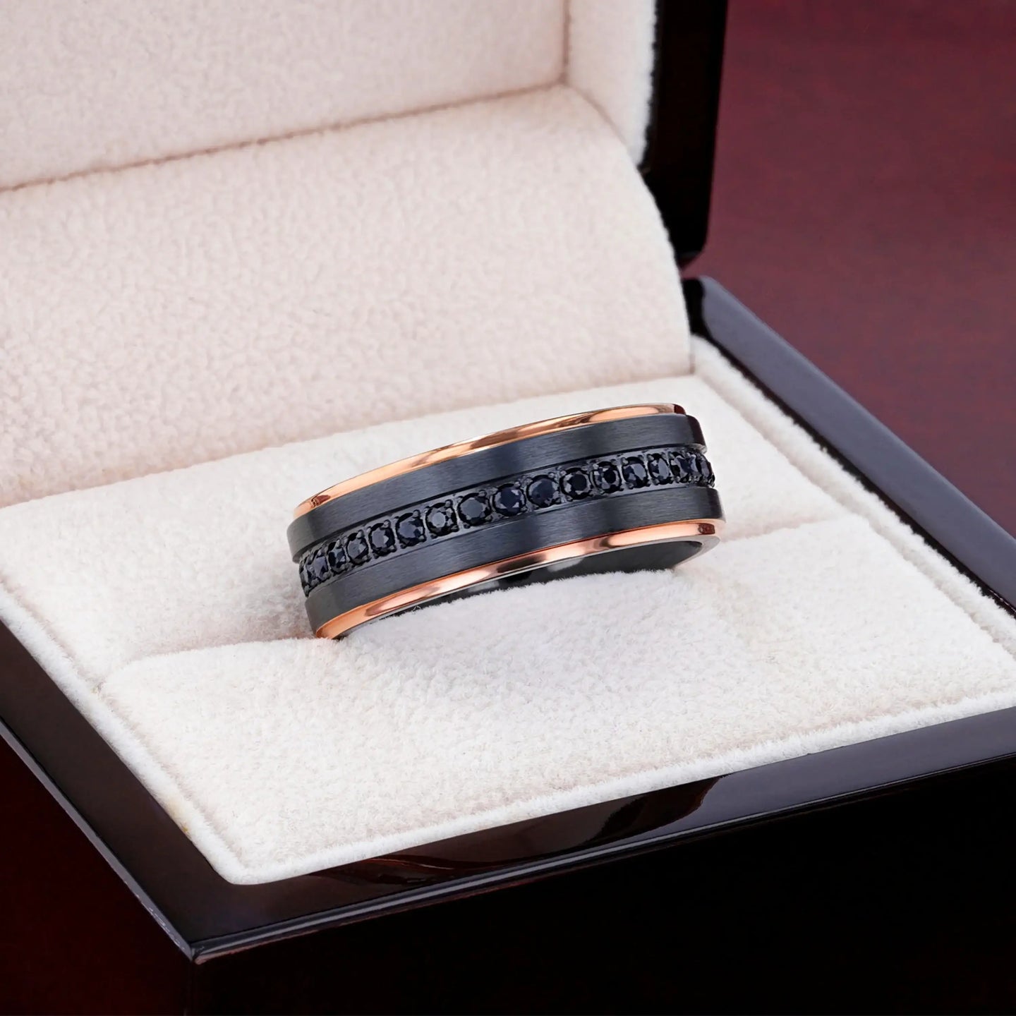 ASTRO Flat Brushed Black Titanium Ring with Rose Gold Plated Edge and Black Sapphire Settings All Around - 8mm - Larson Jewelers