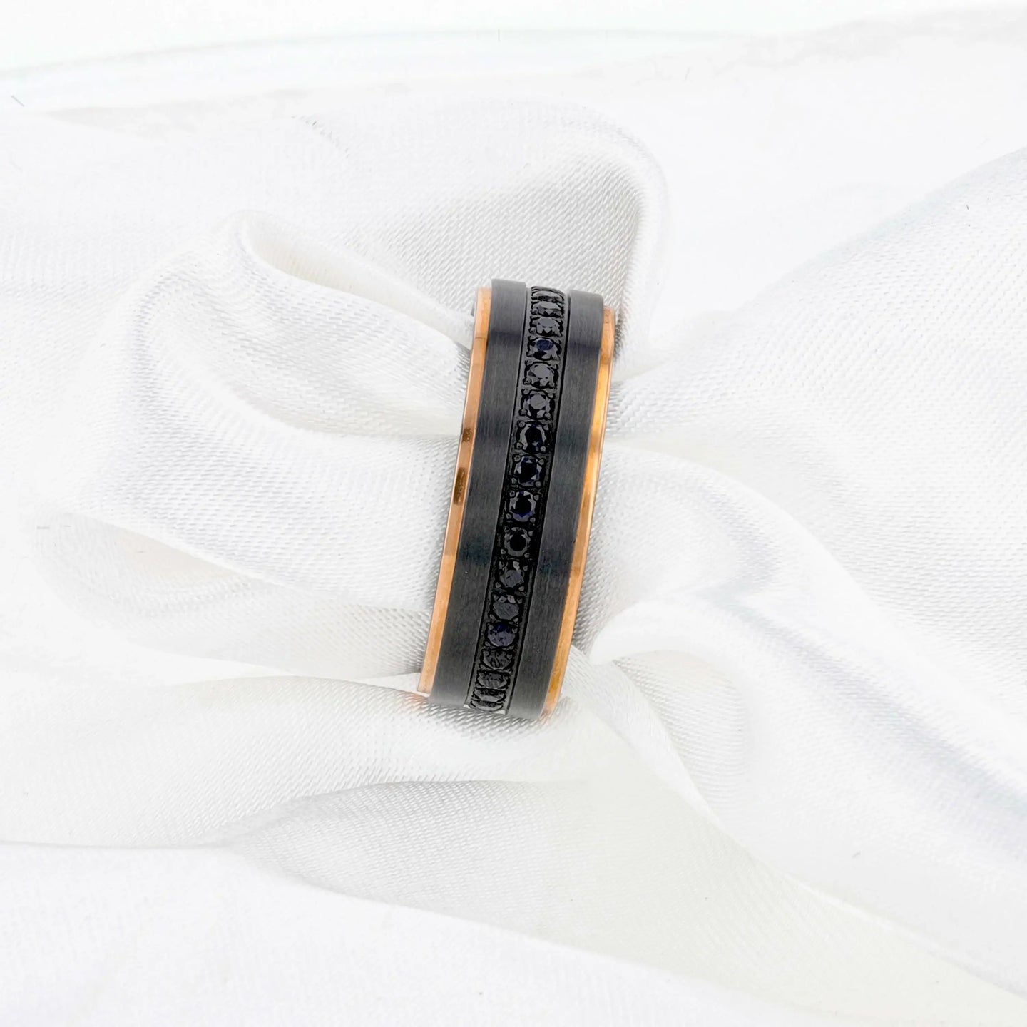 ASTRO Flat Brushed Black Titanium Ring with Rose Gold Plated Edge and Black Sapphire Settings All Around - 8mm - Larson Jewelers
