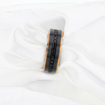 ASTRO Flat Brushed Black Titanium Ring with Rose Gold Plated Edge and Black Sapphire Settings All Around - 8mm - Larson Jewelers
