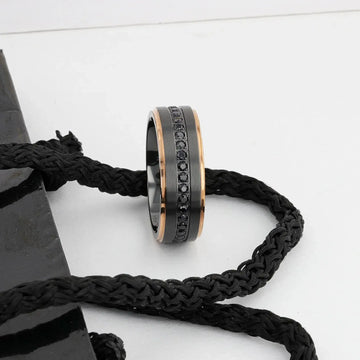 ASTRO Flat Brushed Black Titanium Ring with Rose Gold Plated Edge and Black Sapphire Settings All Around - 8mm - Larson Jewelers