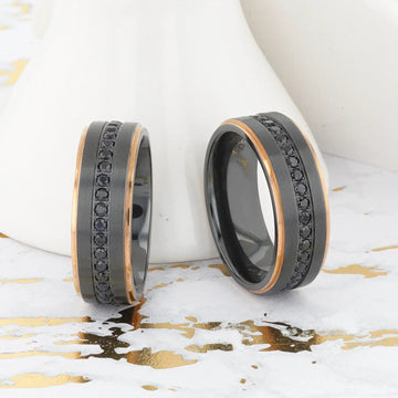 ASTRO Flat Brushed Black Titanium Ring with Rose Gold Plated Edge and Black Sapphire Settings All Around - 8mm - Larson Jewelers