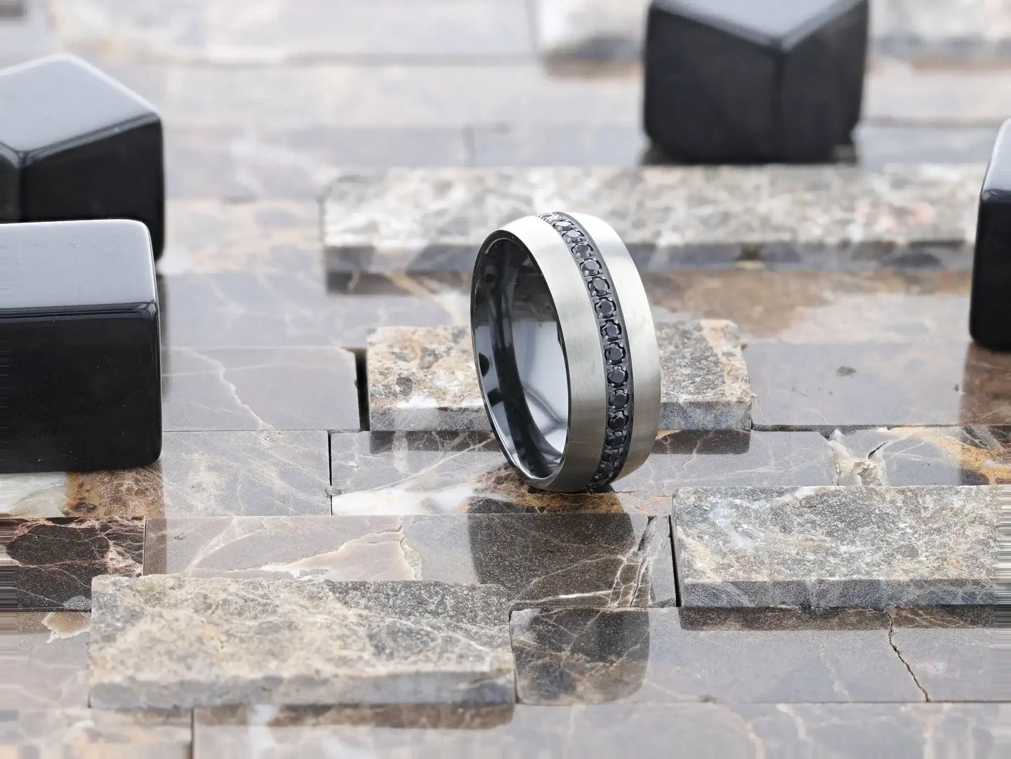 AVIATOR Domed Brushed Titanium Men's Wedding Band with Black Sapphire Stones Inlay - 8mm - Larson Jewelers
