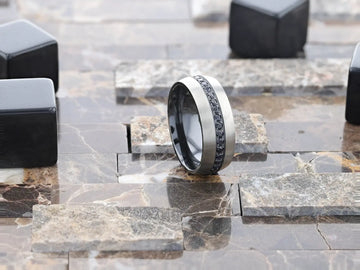 AVIATOR Domed Brushed Titanium Men's Wedding Band with Black Sapphire Stones Inlay - 8mm - Larson Jewelers