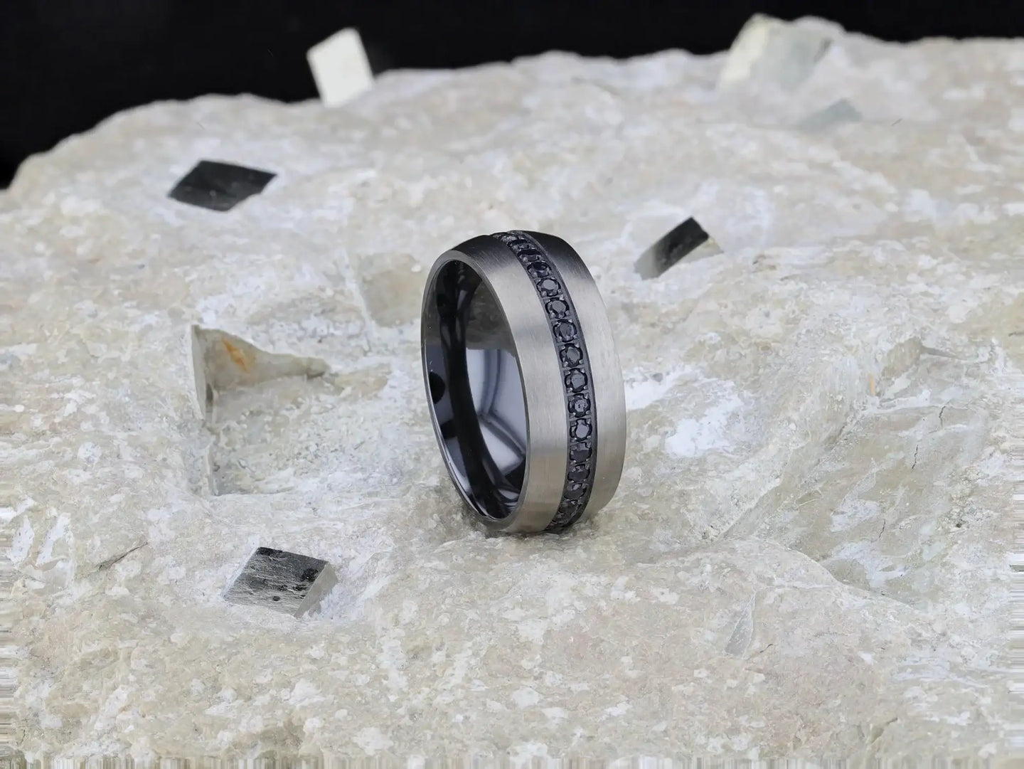 AVIATOR Domed Brushed Titanium Men's Wedding Band with Black Sapphire Stones Inlay - 8mm - Larson Jewelers