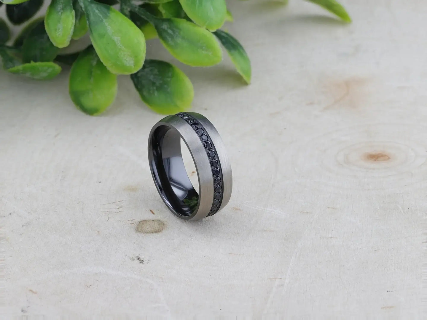 AVIATOR Domed Brushed Titanium Men's Wedding Band with Black Sapphire Stones Inlay - 8mm - Larson Jewelers