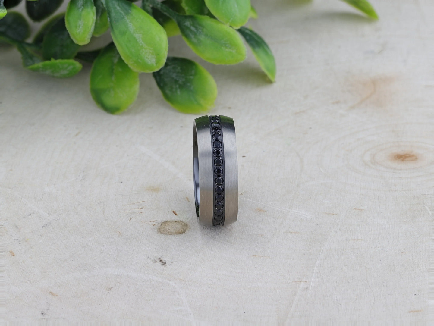 AVIATOR Domed Brushed Titanium Men's Wedding Band with Black Sapphire Stones Inlay - 8mm - Larson Jewelers