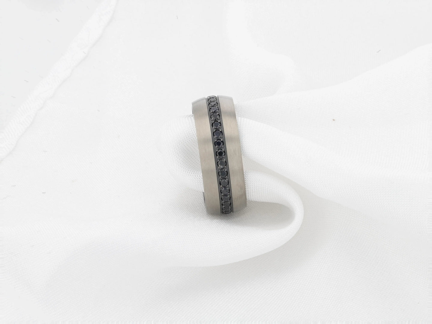 AVIATOR Domed Brushed Titanium Men's Wedding Band with Black Sapphire Stones Inlay - 8mm - Larson Jewelers